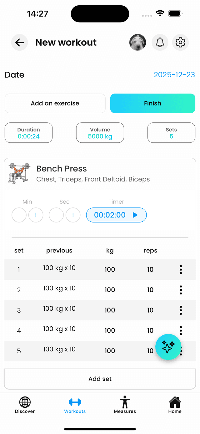 Gainflow workout tracker app showing progressive overload tracking and exercise logging interface