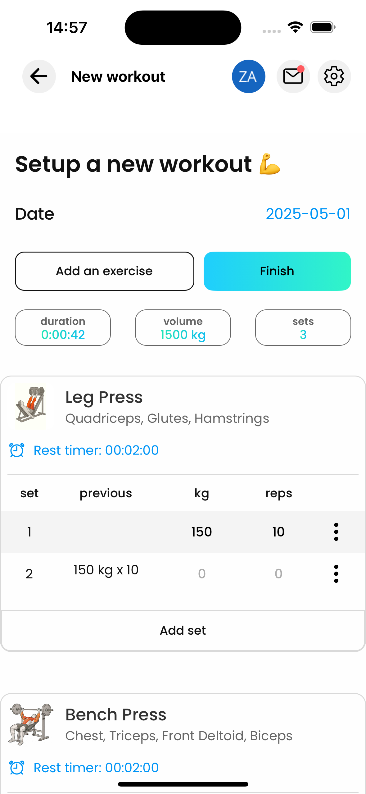 Gainflow workout dashboard with progress statistics and exercise tracking interface
